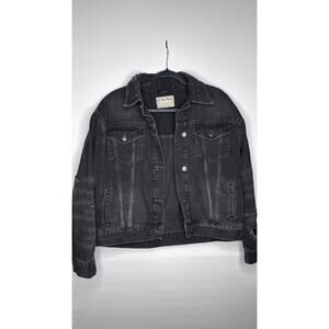 FREE PEOPLE DISTRESSED BLACK DENIM JACKET, OVERSIZED